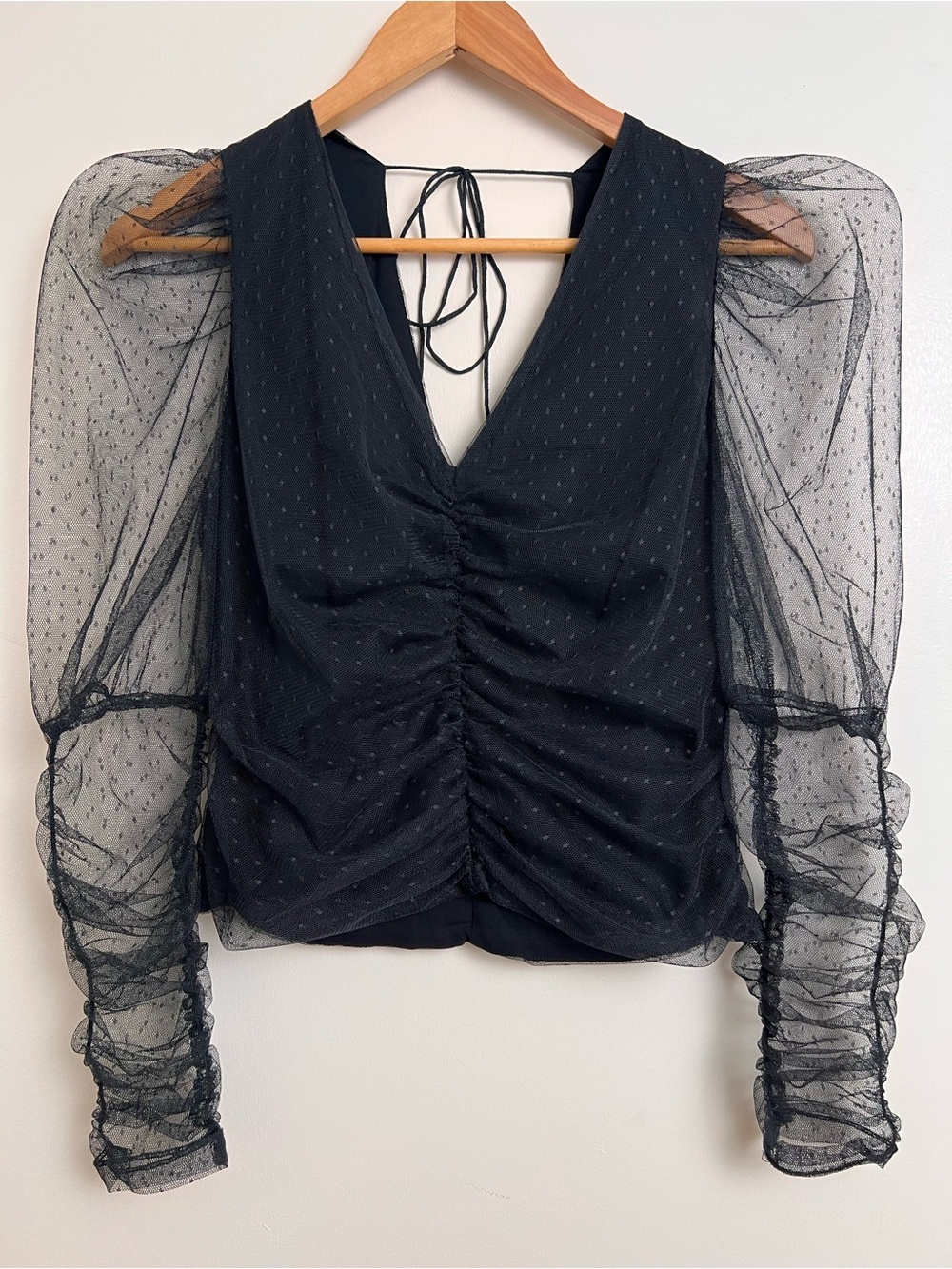 Maeve by Anthropologie Black Swiss Dot Mesh Puff Sleeve Ruched Top XS